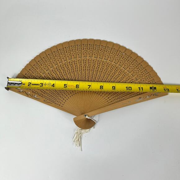 Vintage Folding Hand Fan Wood with Original Box Pierced Reticulated White Tassel - Picture 5 of 6